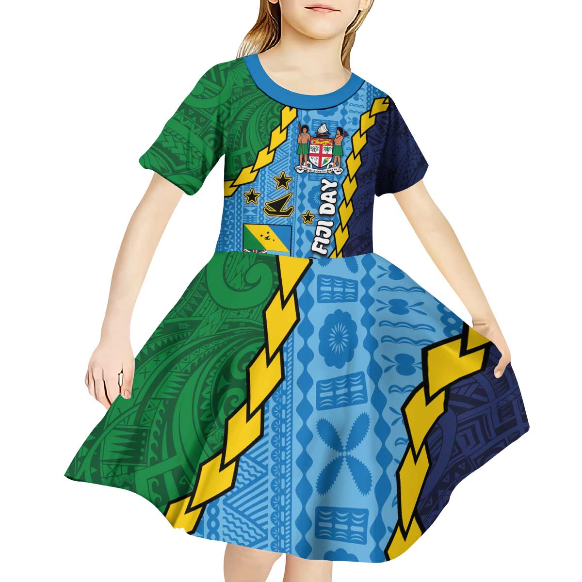 Malampa Fiji Day Kid Short Sleeve Dress National Symbols with Tapa Tribal and Polynesian Tattoo LT03 - Polynesian Pride