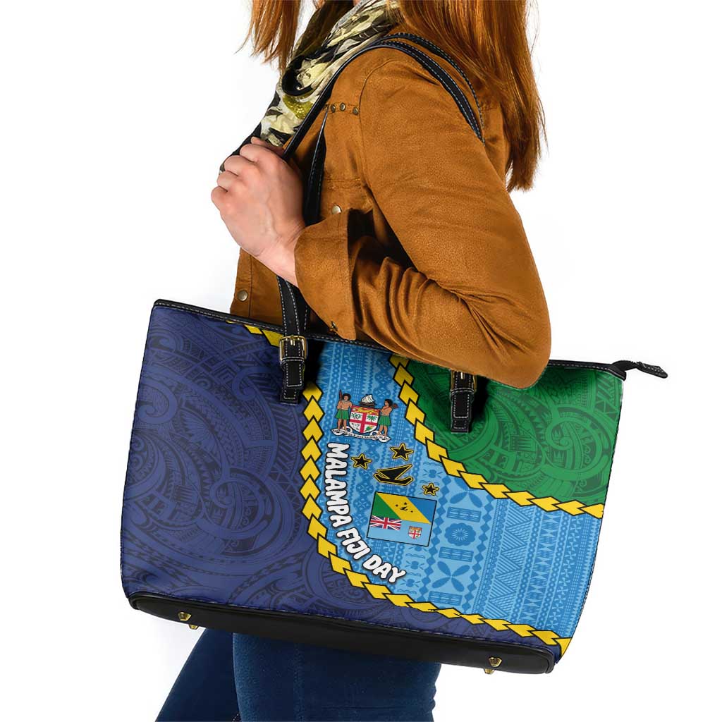 Malampa Fiji Day Leather Tote Bag National Symbols with Tapa Tribal and Polynesian Tattoo LT03 Blue - Polynesian Pride