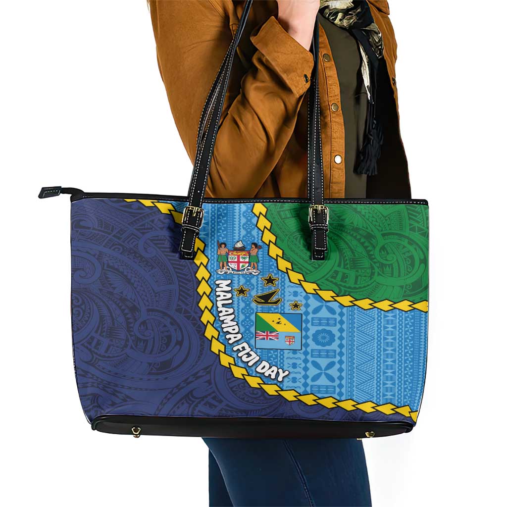 Malampa Fiji Day Leather Tote Bag National Symbols with Tapa Tribal and Polynesian Tattoo LT03 - Polynesian Pride