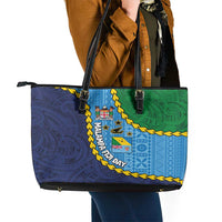 Malampa Fiji Day Leather Tote Bag National Symbols with Tapa Tribal and Polynesian Tattoo LT03 - Polynesian Pride