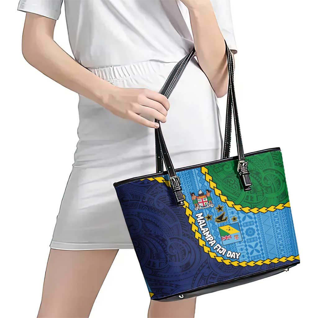 Malampa Fiji Day Leather Tote Bag National Symbols with Tapa Tribal and Polynesian Tattoo LT03 - Polynesian Pride