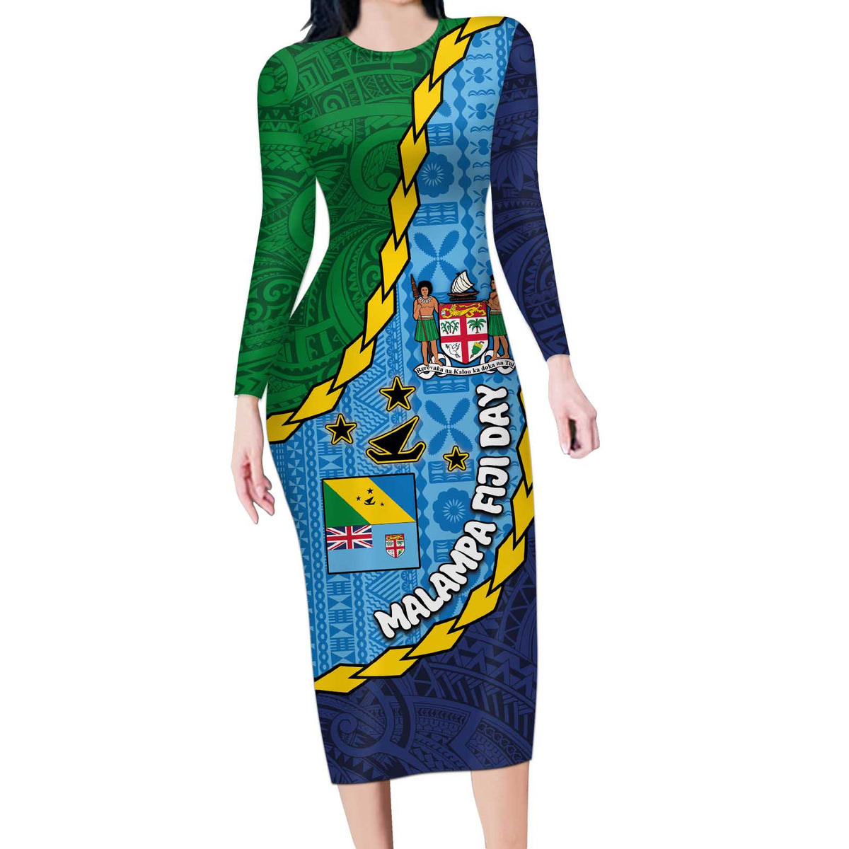 Malampa Fiji Day Long Sleeve Bodycon Dress National Symbols with Tapa Tribal and Polynesian Tattoo LT03 Long Dress Blue - Polynesian Pride
