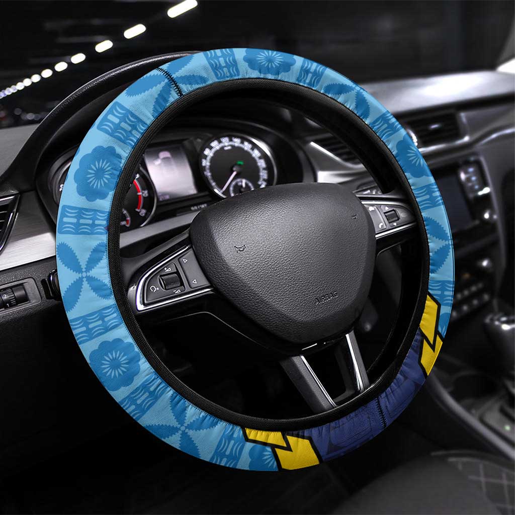 Malampa Fiji Day Steering Wheel Cover National Symbols with Tapa Tribal and Polynesian Tattoo LT03 Universal Fit Blue - Polynesian Pride