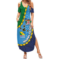 Malampa Fiji Day Summer Maxi Dress National Symbols with Tapa Tribal and Polynesian Tattoo LT03 Women Blue - Polynesian Pride