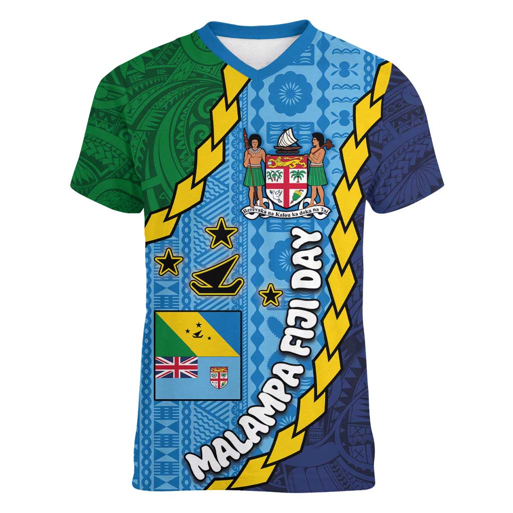 Malampa Fiji Day Women V-Neck T-Shirt National Symbols with Tapa Tribal and Polynesian Tattoo LT03 Female Blue - Polynesian Pride