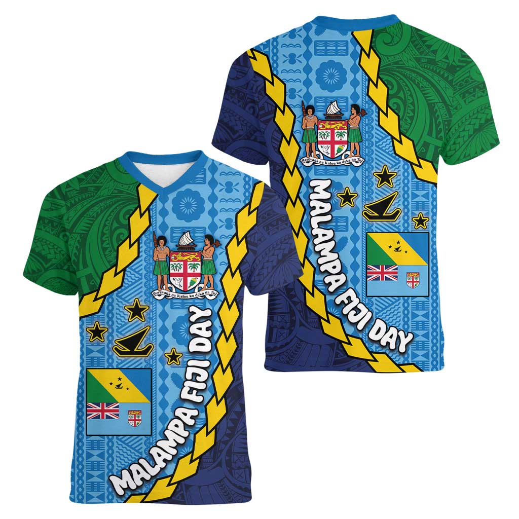 Malampa Fiji Day Women V-Neck T-Shirt National Symbols with Tapa Tribal and Polynesian Tattoo LT03 - Polynesian Pride