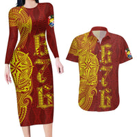 Tonga 676 Ngatu Tribal Tattoo Couples Matching Long Sleeve Bodycon Dress and Hawaiian Shirt LT03 Red - Polynesian Pride