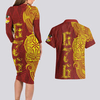 Tonga 676 Ngatu Tribal Tattoo Couples Matching Long Sleeve Bodycon Dress and Hawaiian Shirt LT03 - Polynesian Pride