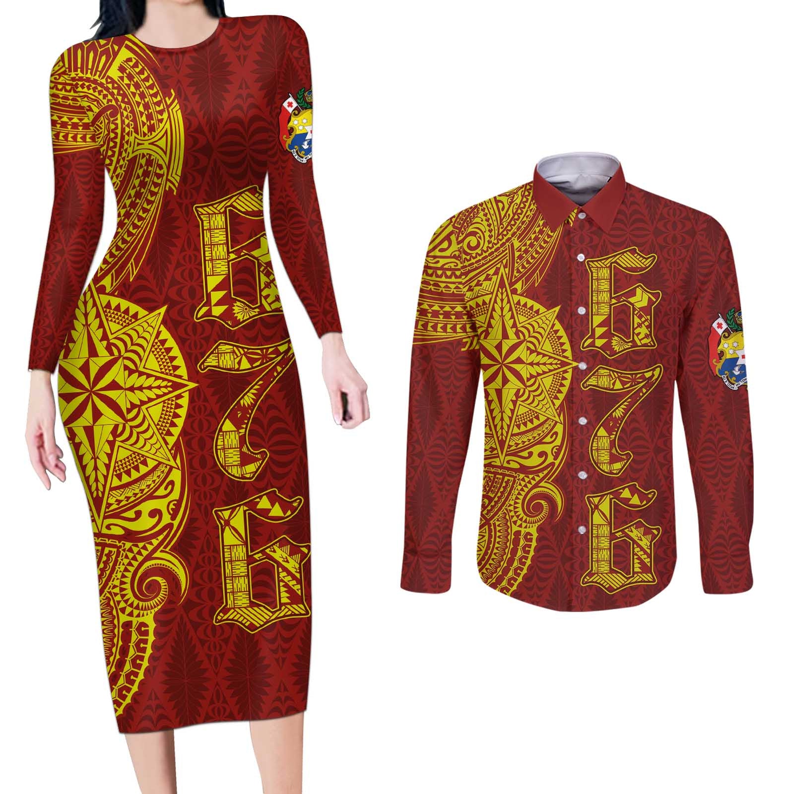 Tonga 676 Ngatu Tribal Tattoo Couples Matching Long Sleeve Bodycon Dress and Long Sleeve Button Shirt LT03 Red - Polynesian Pride