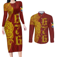 Tonga 676 Ngatu Tribal Tattoo Couples Matching Long Sleeve Bodycon Dress and Long Sleeve Button Shirt LT03 Red - Polynesian Pride