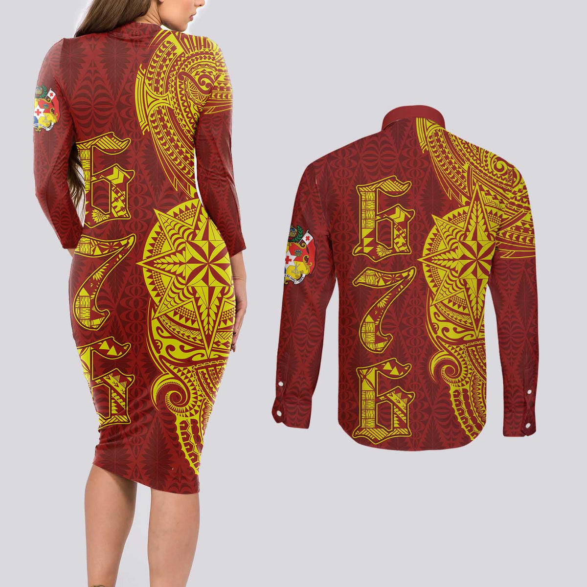 Tonga 676 Ngatu Tribal Tattoo Couples Matching Long Sleeve Bodycon Dress and Long Sleeve Button Shirt LT03 - Polynesian Pride