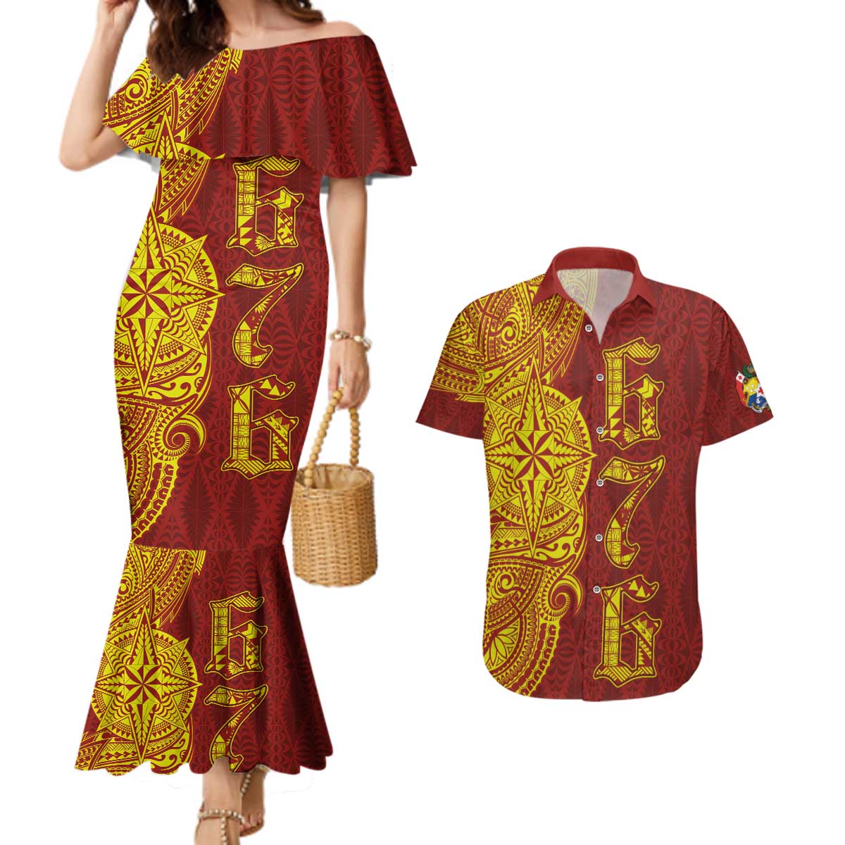 Tonga 676 Ngatu Tribal Tattoo Couples Matching Mermaid Dress and Hawaiian Shirt LT03 Red - Polynesian Pride