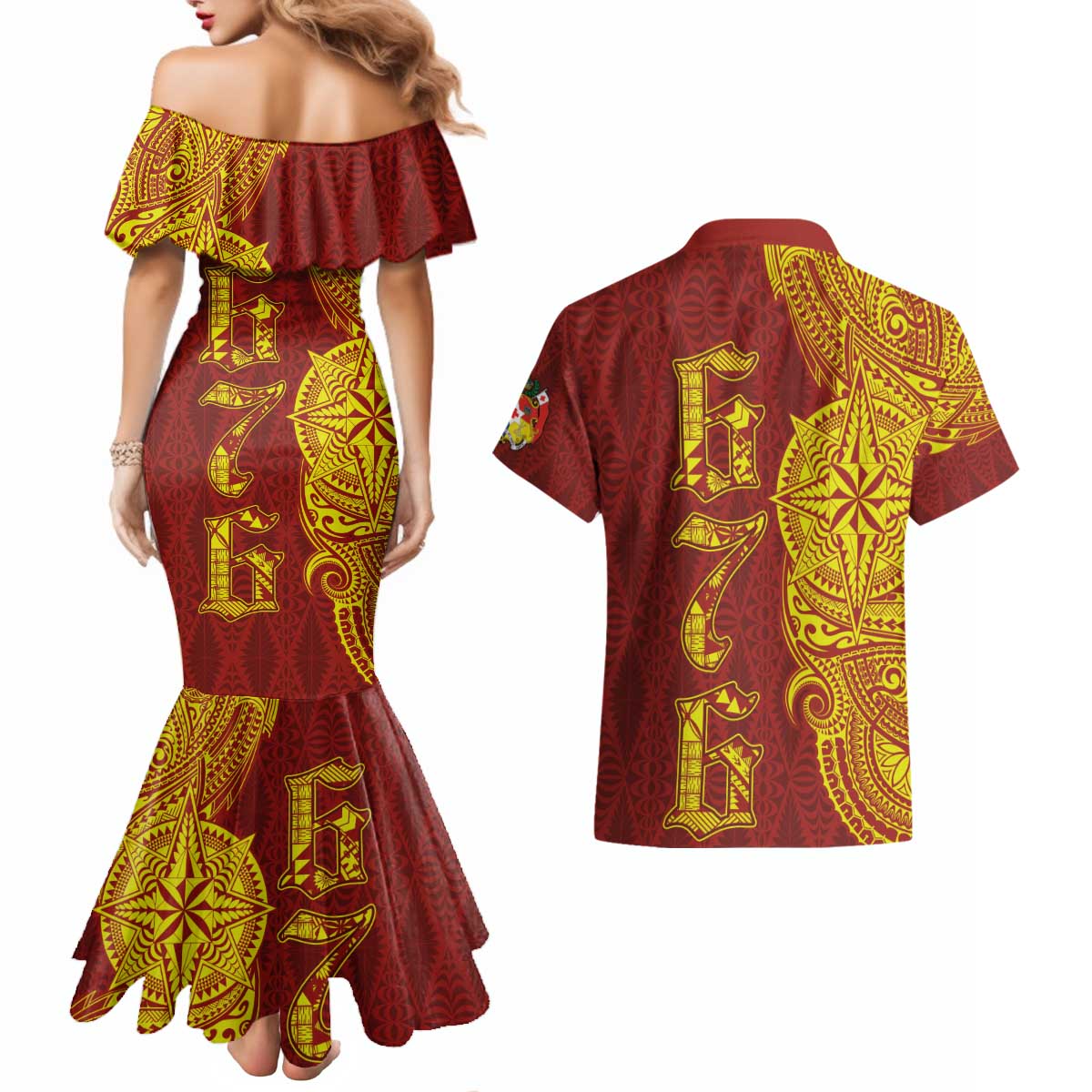 Tonga 676 Ngatu Tribal Tattoo Couples Matching Mermaid Dress and Hawaiian Shirt LT03 - Polynesian Pride