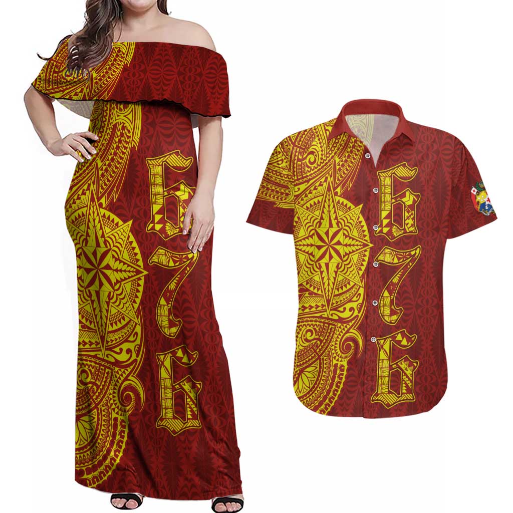 Tonga 676 Ngatu Tribal Tattoo Couples Matching Off Shoulder Maxi Dress and Hawaiian Shirt LT03 Red - Polynesian Pride