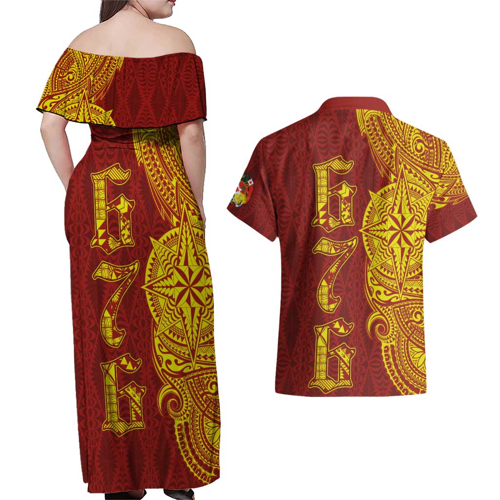 Tonga 676 Ngatu Tribal Tattoo Couples Matching Off Shoulder Maxi Dress and Hawaiian Shirt LT03 - Polynesian Pride