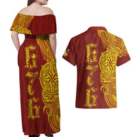 Tonga 676 Ngatu Tribal Tattoo Couples Matching Off Shoulder Maxi Dress and Hawaiian Shirt LT03 - Polynesian Pride