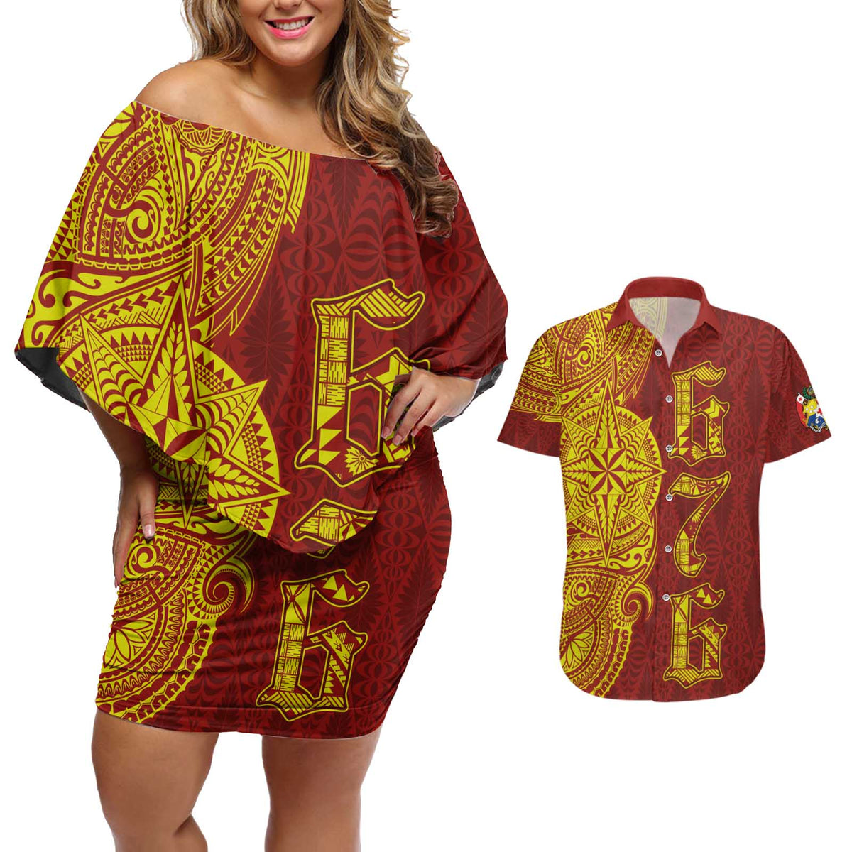 Tonga 676 Ngatu Tribal Tattoo Couples Matching Off Shoulder Short Dress and Hawaiian Shirt LT03 Red - Polynesian Pride