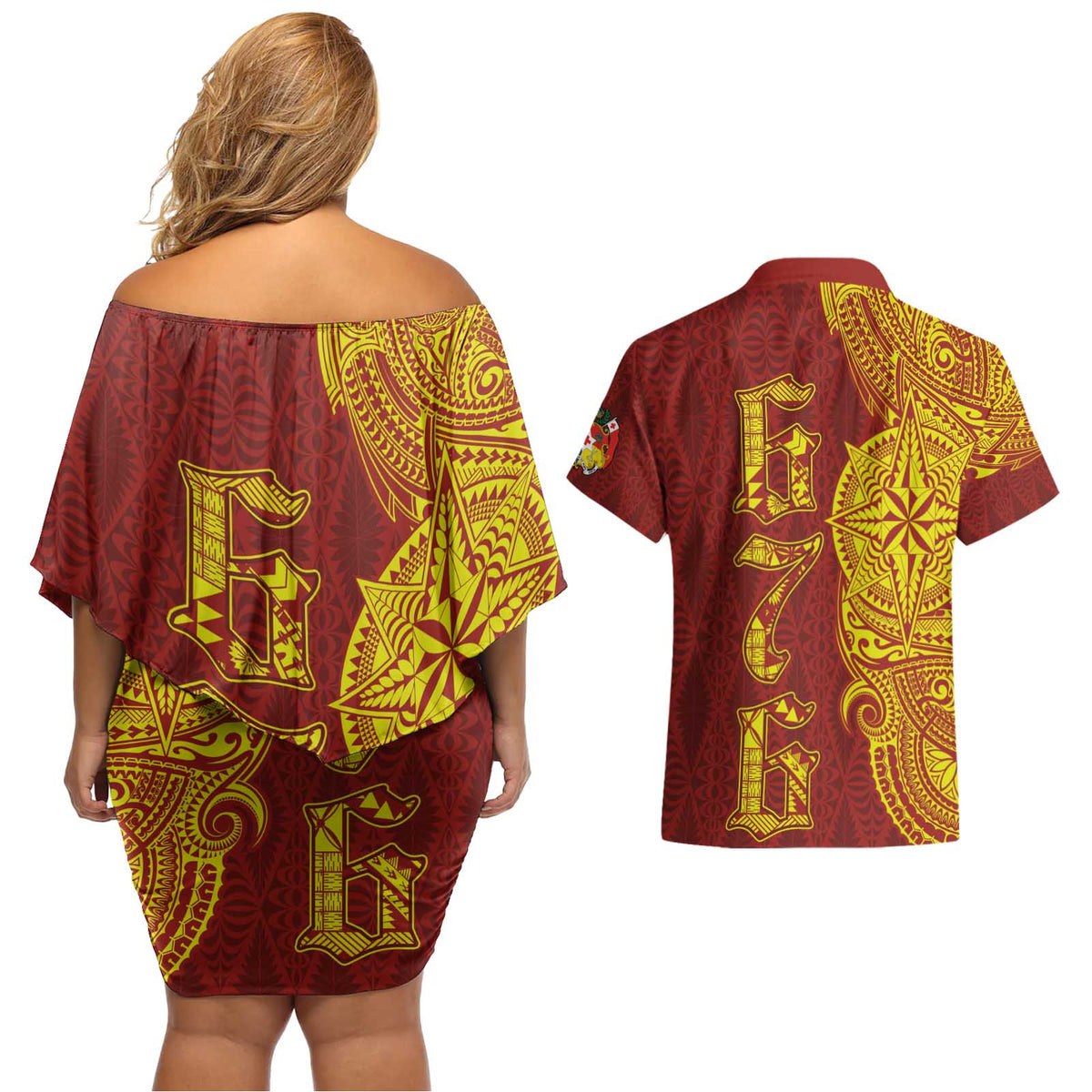 Tonga 676 Ngatu Tribal Tattoo Couples Matching Off Shoulder Short Dress and Hawaiian Shirt LT03 - Polynesian Pride
