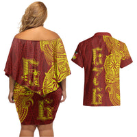 Tonga 676 Ngatu Tribal Tattoo Couples Matching Off Shoulder Short Dress and Hawaiian Shirt LT03 - Polynesian Pride