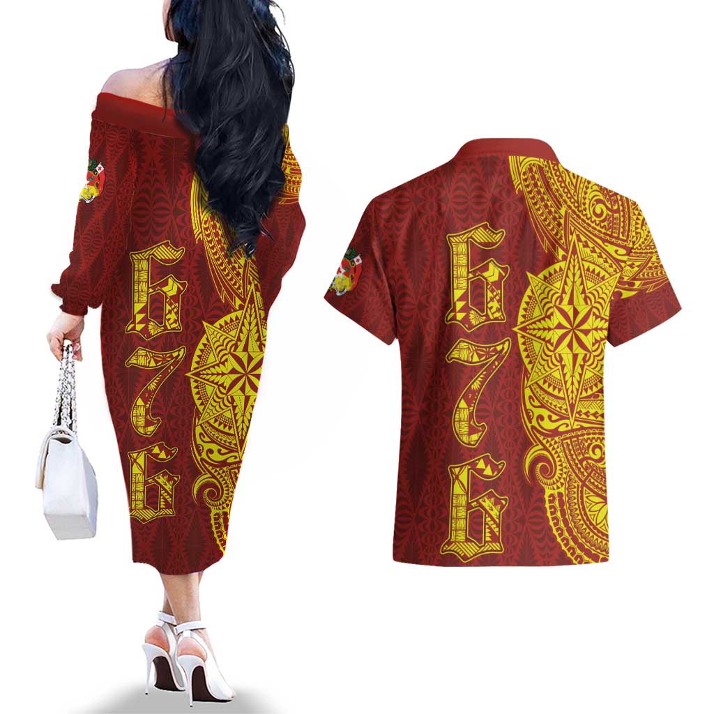 Tonga 676 Ngatu Tribal Tattoo Couples Matching Off The Shoulder Long Sleeve Dress and Hawaiian Shirt LT03 - Polynesian Pride