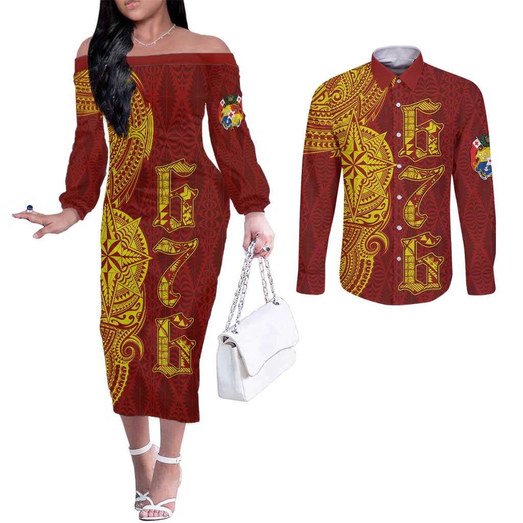 Tonga 676 Ngatu Tribal Tattoo Couples Matching Off The Shoulder Long Sleeve Dress and Long Sleeve Button Shirt LT03 Red - Polynesian Pride