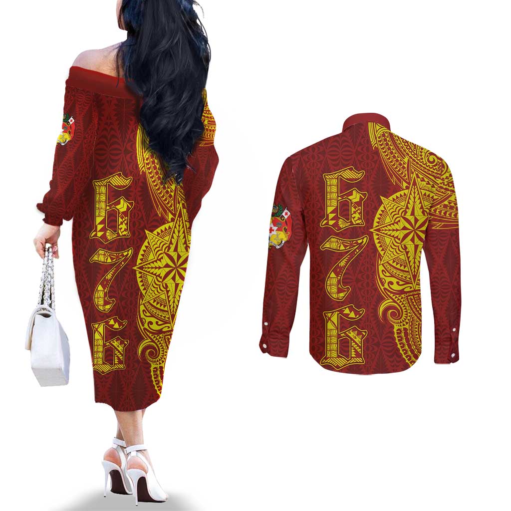 Tonga 676 Ngatu Tribal Tattoo Couples Matching Off The Shoulder Long Sleeve Dress and Long Sleeve Button Shirt LT03 - Polynesian Pride