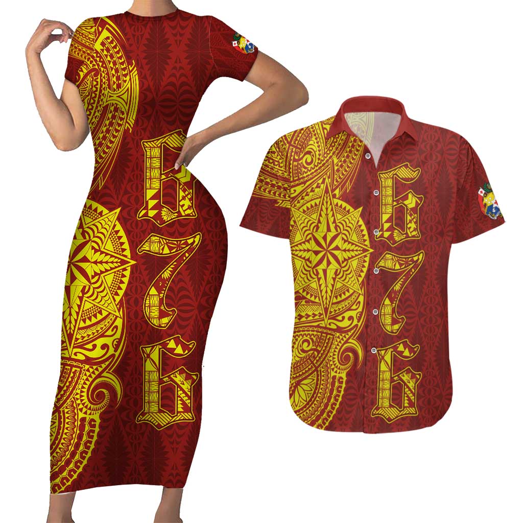 Tonga 676 Ngatu Tribal Tattoo Couples Matching Short Sleeve Bodycon Dress and Hawaiian Shirt LT03 Red - Polynesian Pride
