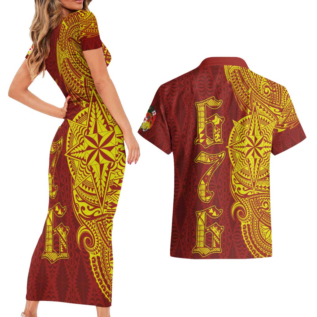 Tonga 676 Ngatu Tribal Tattoo Couples Matching Short Sleeve Bodycon Dress and Hawaiian Shirt LT03 - Polynesian Pride