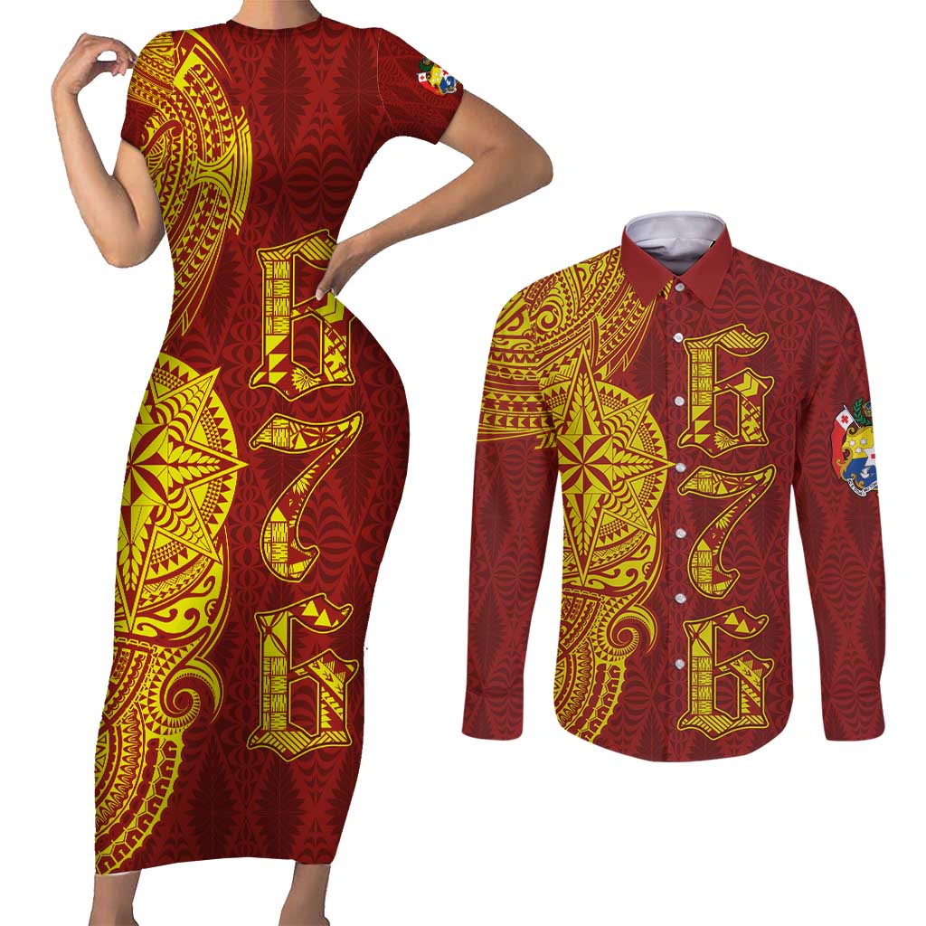 Tonga 676 Ngatu Tribal Tattoo Couples Matching Short Sleeve Bodycon Dress and Long Sleeve Button Shirt LT03 Red - Polynesian Pride
