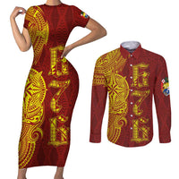 Tonga 676 Ngatu Tribal Tattoo Couples Matching Short Sleeve Bodycon Dress and Long Sleeve Button Shirt LT03 Red - Polynesian Pride