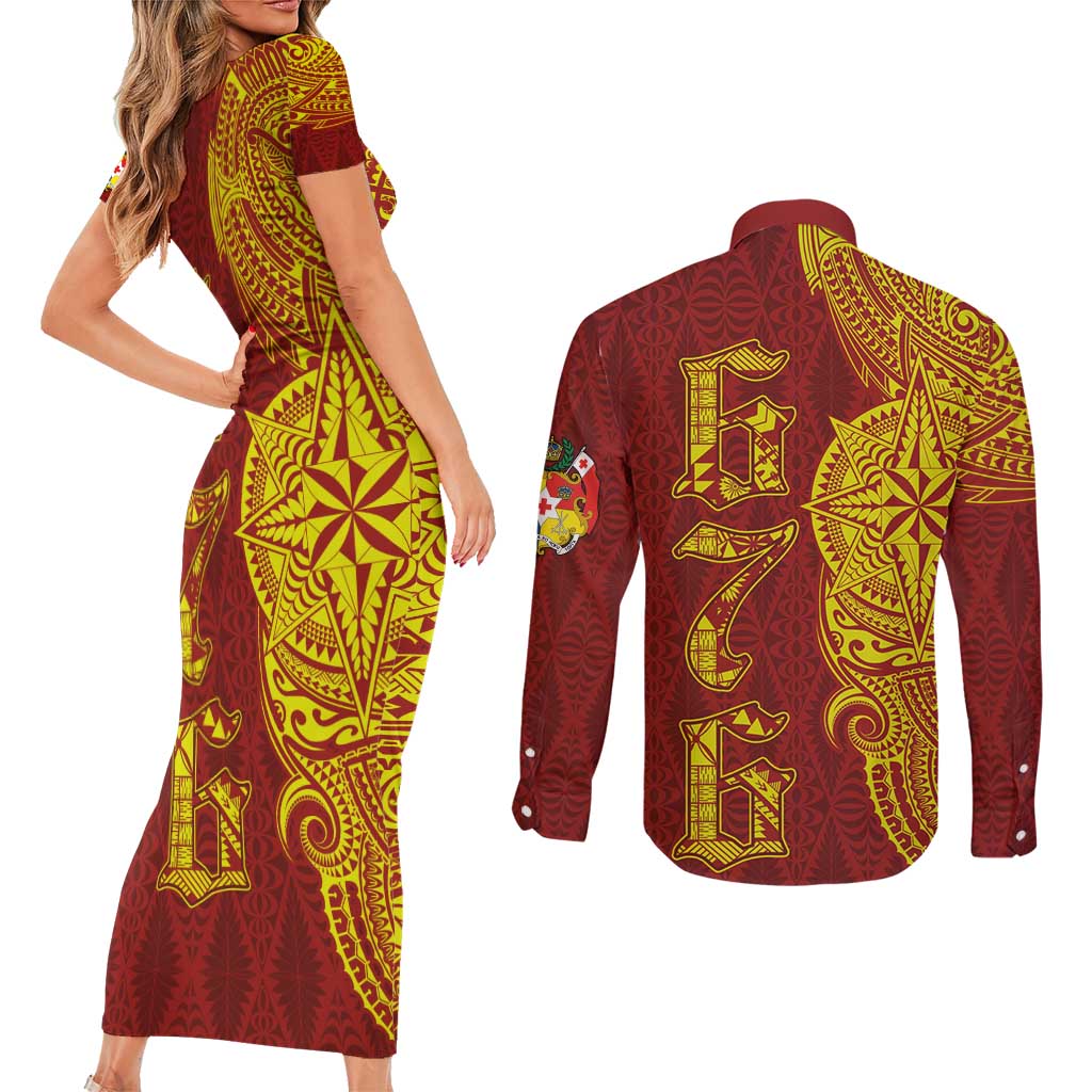 Tonga 676 Ngatu Tribal Tattoo Couples Matching Short Sleeve Bodycon Dress and Long Sleeve Button Shirt LT03 - Polynesian Pride