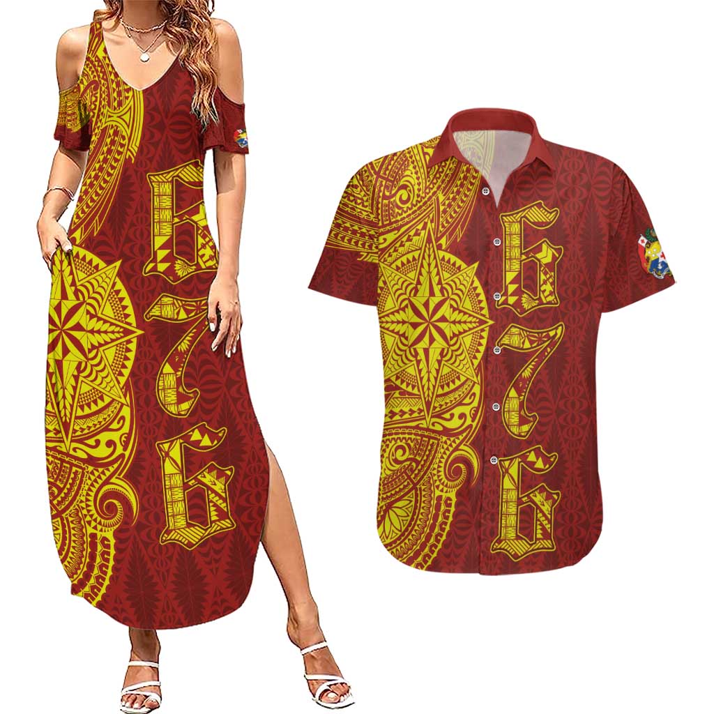 Tonga 676 Ngatu Tribal Tattoo Couples Matching Summer Maxi Dress and Hawaiian Shirt LT03 Red - Polynesian Pride