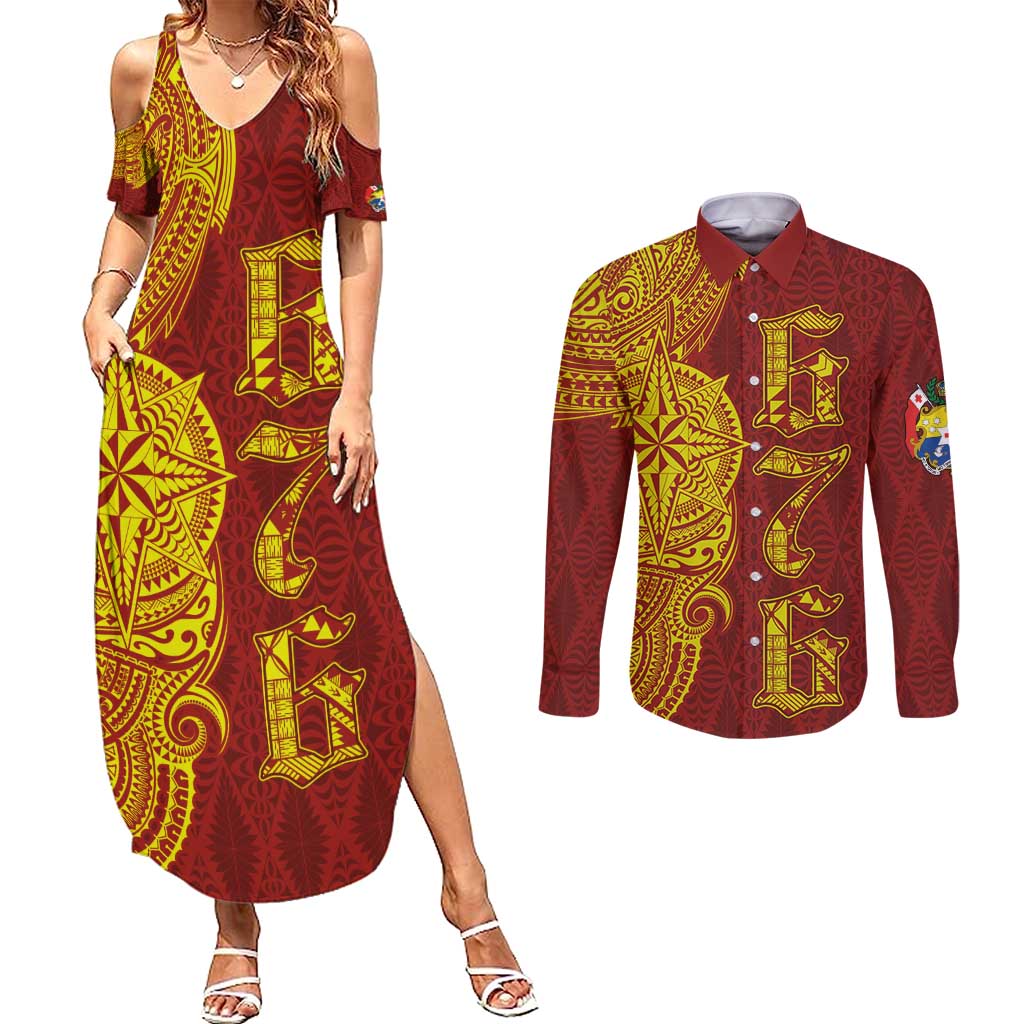 Tonga 676 Ngatu Tribal Tattoo Couples Matching Summer Maxi Dress and Long Sleeve Button Shirt LT03 Red - Polynesian Pride
