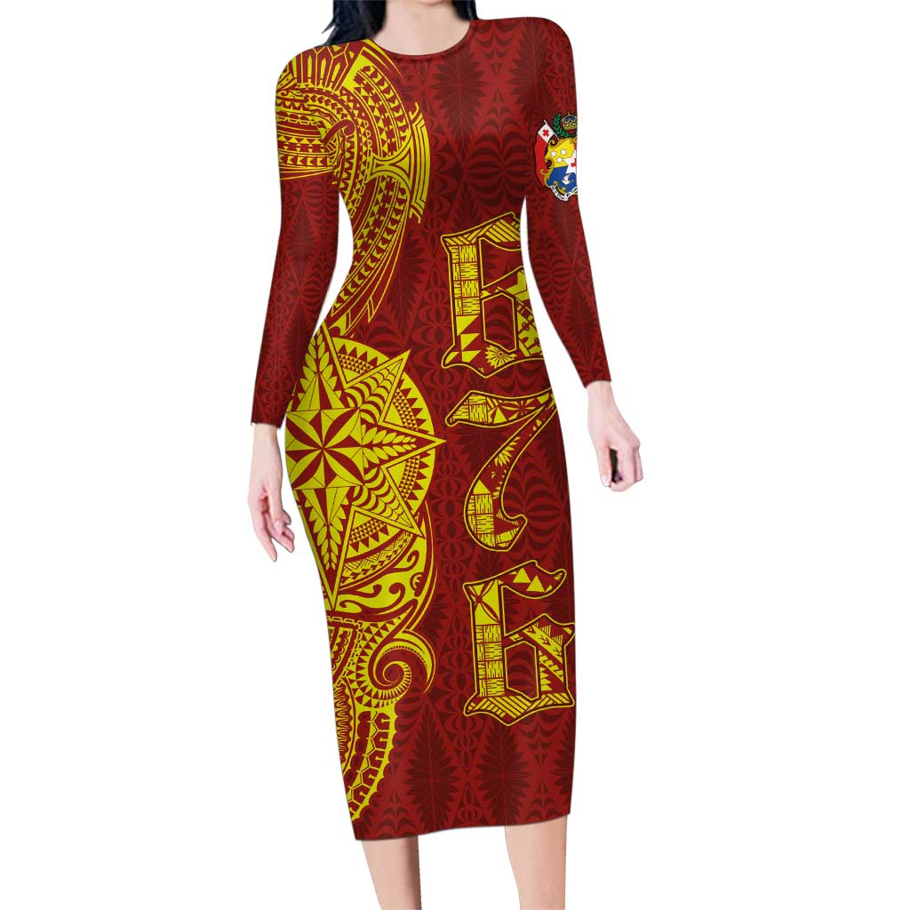 Tonga 676 Ngatu Tribal Tattoo Family Matching Long Sleeve Bodycon Dress and Hawaiian Shirt LT03 Mom's Dress Red - Polynesian Pride