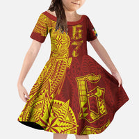 Tonga 676 Ngatu Tribal Tattoo Family Matching Off The Shoulder Long Sleeve Dress and Hawaiian Shirt LT03 Daughter's Dress Red - Polynesian Pride