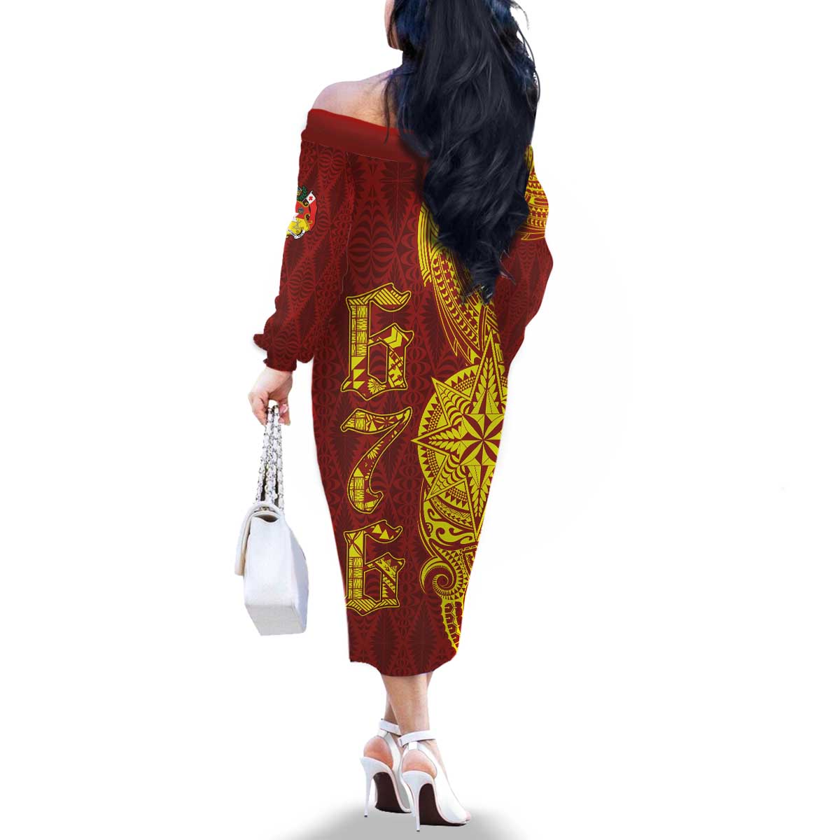 Tonga 676 Ngatu Tribal Tattoo Family Matching Off The Shoulder Long Sleeve Dress and Hawaiian Shirt LT03 - Polynesian Pride