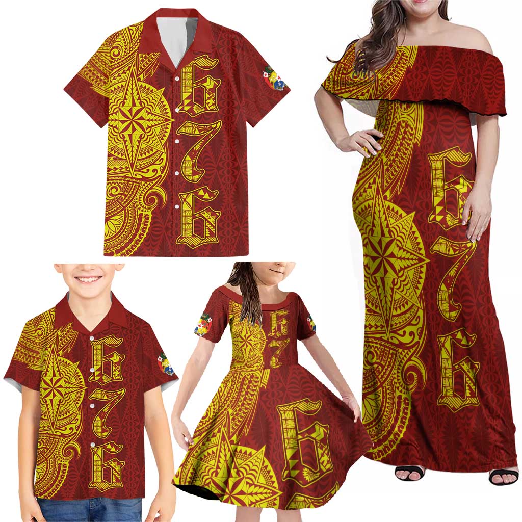 Tonga 676 Ngatu Tribal Tattoo Family Matching Off Shoulder Maxi Dress and Hawaiian Shirt LT03 - Polynesian Pride