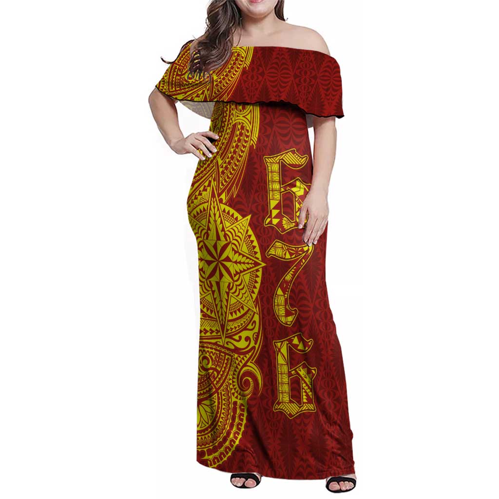 Tonga 676 Ngatu Tribal Tattoo Family Matching Off Shoulder Maxi Dress and Hawaiian Shirt LT03 Mom's Dress Red - Polynesian Pride