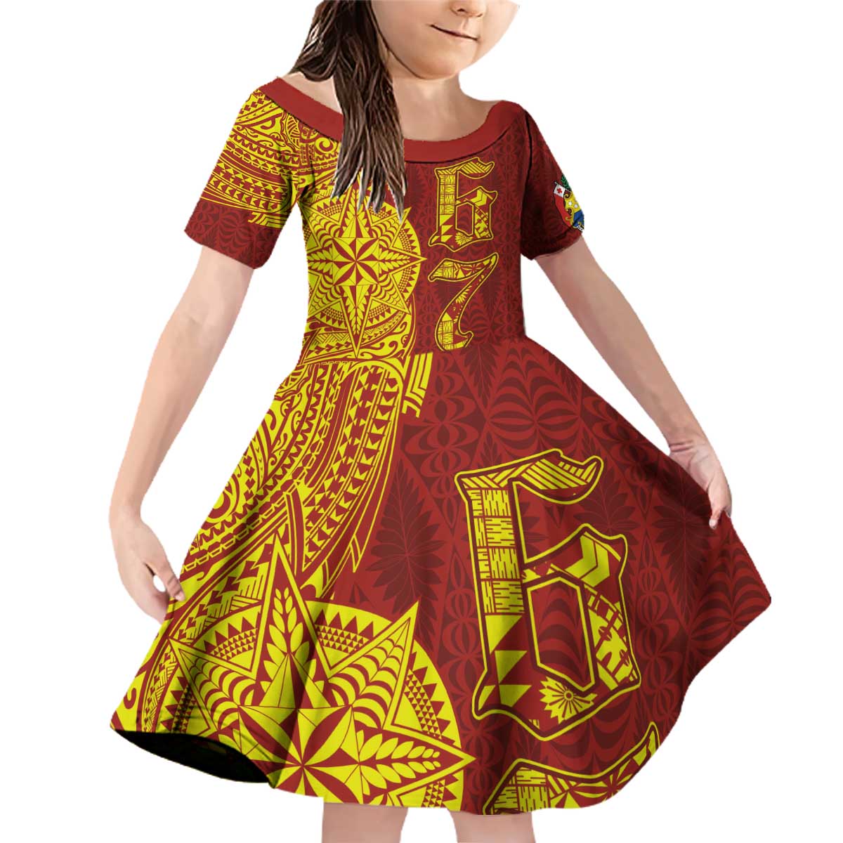Tonga 676 Ngatu Tribal Tattoo Family Matching Off Shoulder Short Dress and Hawaiian Shirt LT03 Daughter's Dress Red - Polynesian Pride