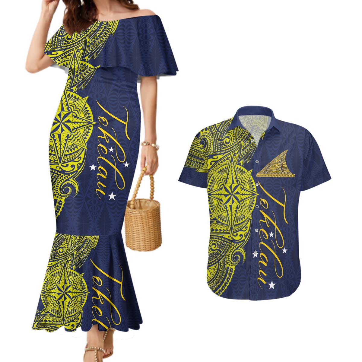 Personalised Tokelau Classic Ngatu Motifs Couples Matching Mermaid Dress and Hawaiian Shirt LT03 Blue - Polynesian Pride