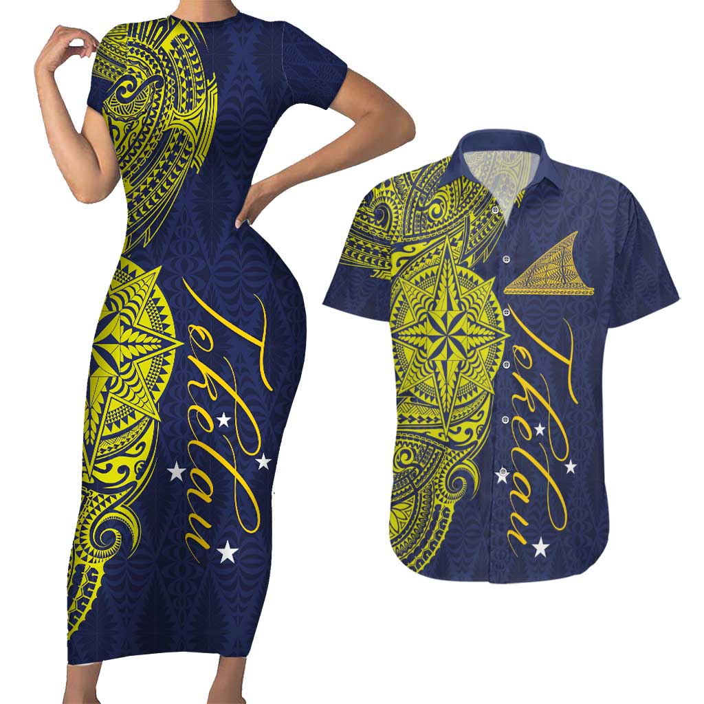Personalised Tokelau Classic Ngatu Motifs Couples Matching Short Sleeve Bodycon Dress and Hawaiian Shirt LT03 Blue - Polynesian Pride