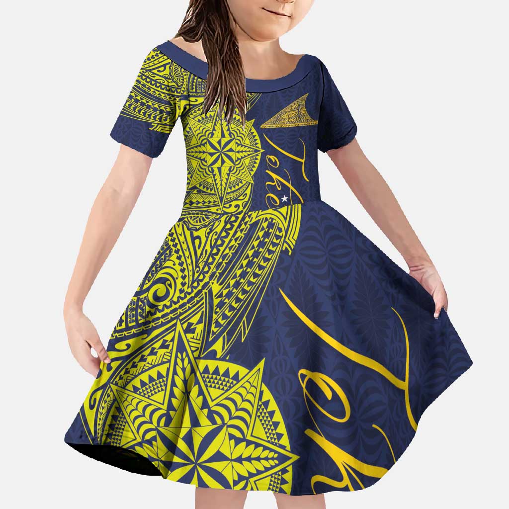 Personalised Tokelau Classic Ngatu Motifs Family Matching Mermaid Dress and Hawaiian Shirt LT03 Daughter's Dress Blue - Polynesian Pride