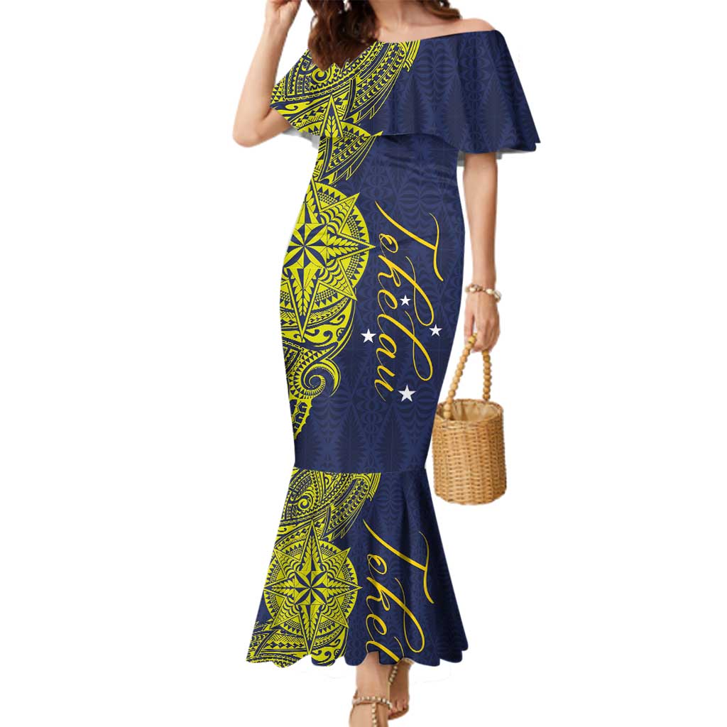 Personalised Tokelau Classic Ngatu Motifs Family Matching Mermaid Dress and Hawaiian Shirt LT03 Mom's Dress Blue - Polynesian Pride