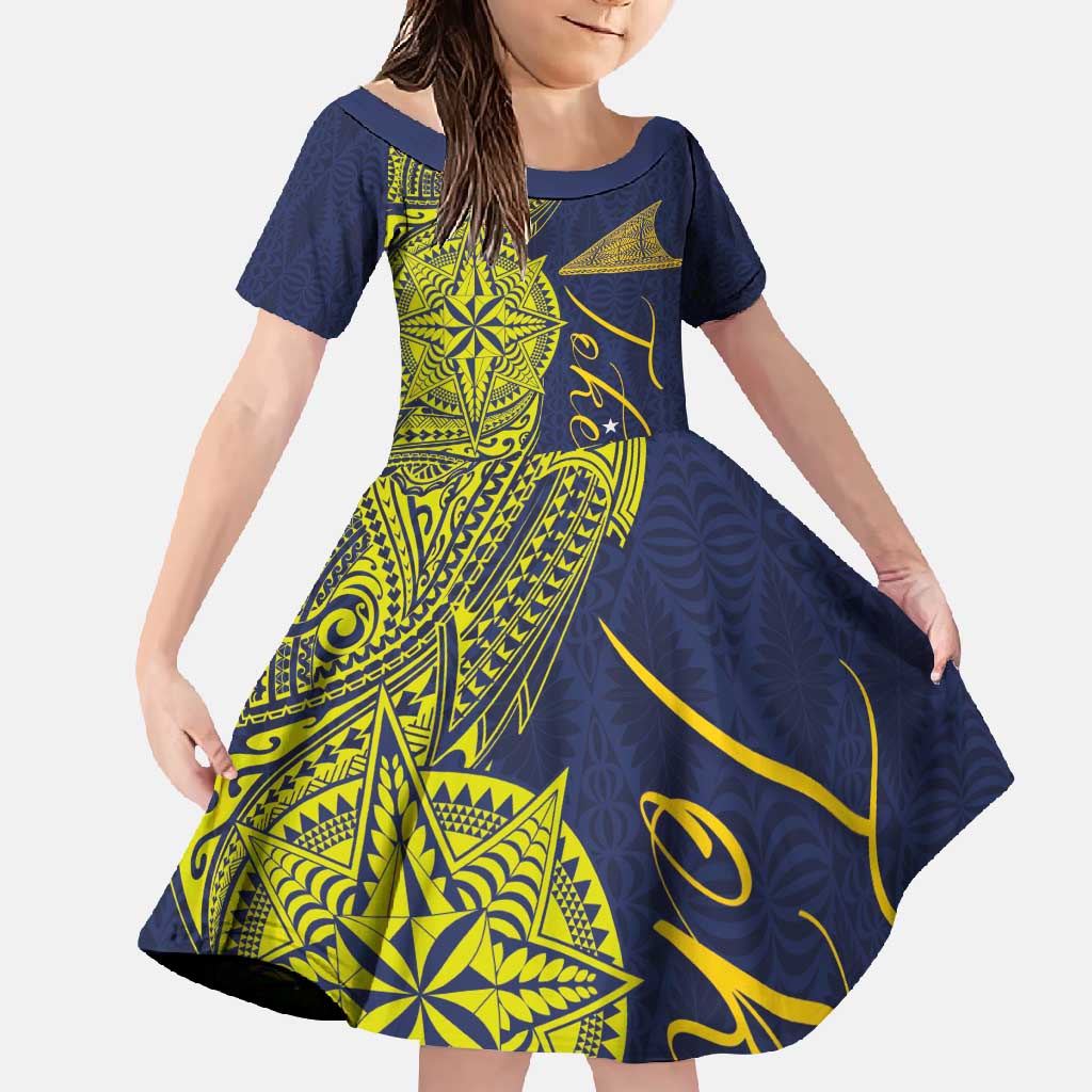 Personalised Tokelau Classic Ngatu Motifs Family Matching Off Shoulder Maxi Dress and Hawaiian Shirt LT03 Daughter's Dress Blue - Polynesian Pride