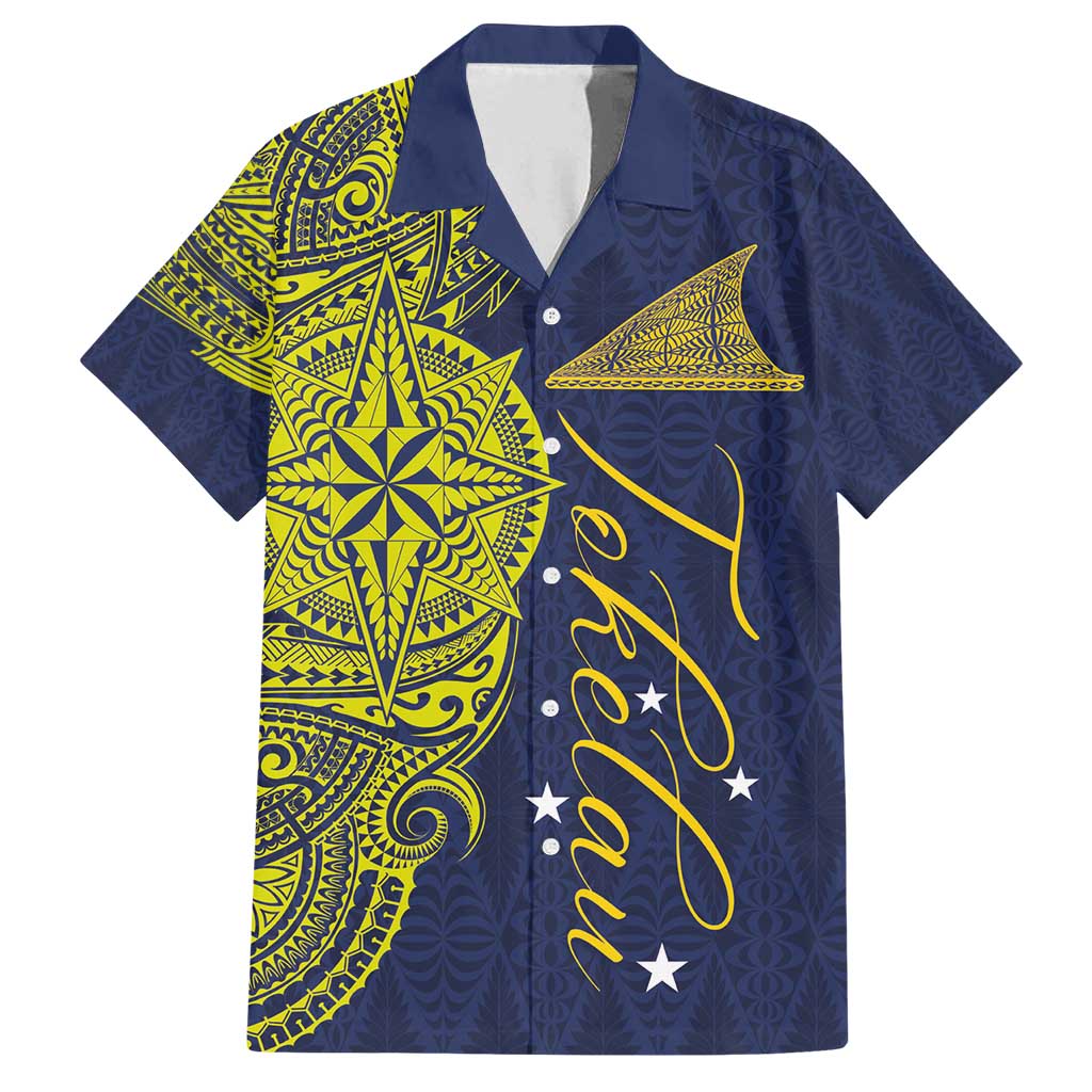 Personalised Tokelau Classic Ngatu Motifs Family Matching Off Shoulder Maxi Dress and Hawaiian Shirt LT03 Dad's Shirt - Short Sleeve Blue - Polynesian Pride
