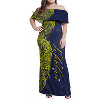 Personalised Tokelau Classic Ngatu Motifs Family Matching Off Shoulder Maxi Dress and Hawaiian Shirt LT03 Mom's Dress Blue - Polynesian Pride
