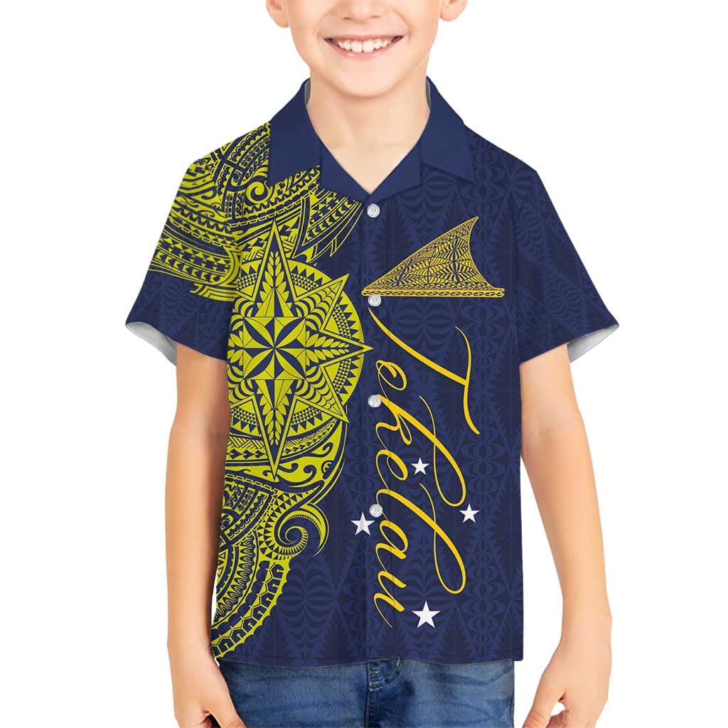 Personalised Tokelau Classic Ngatu Motifs Family Matching Off Shoulder Maxi Dress and Hawaiian Shirt LT03 Son's Shirt Blue - Polynesian Pride