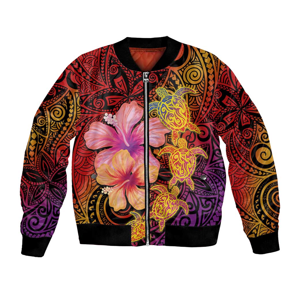 Hawaiian Hibiscus Turtle Tribal Polynesian Pattern Bomber Jacket Colorful Color LT03 Unisex Red - Polynesian Pride