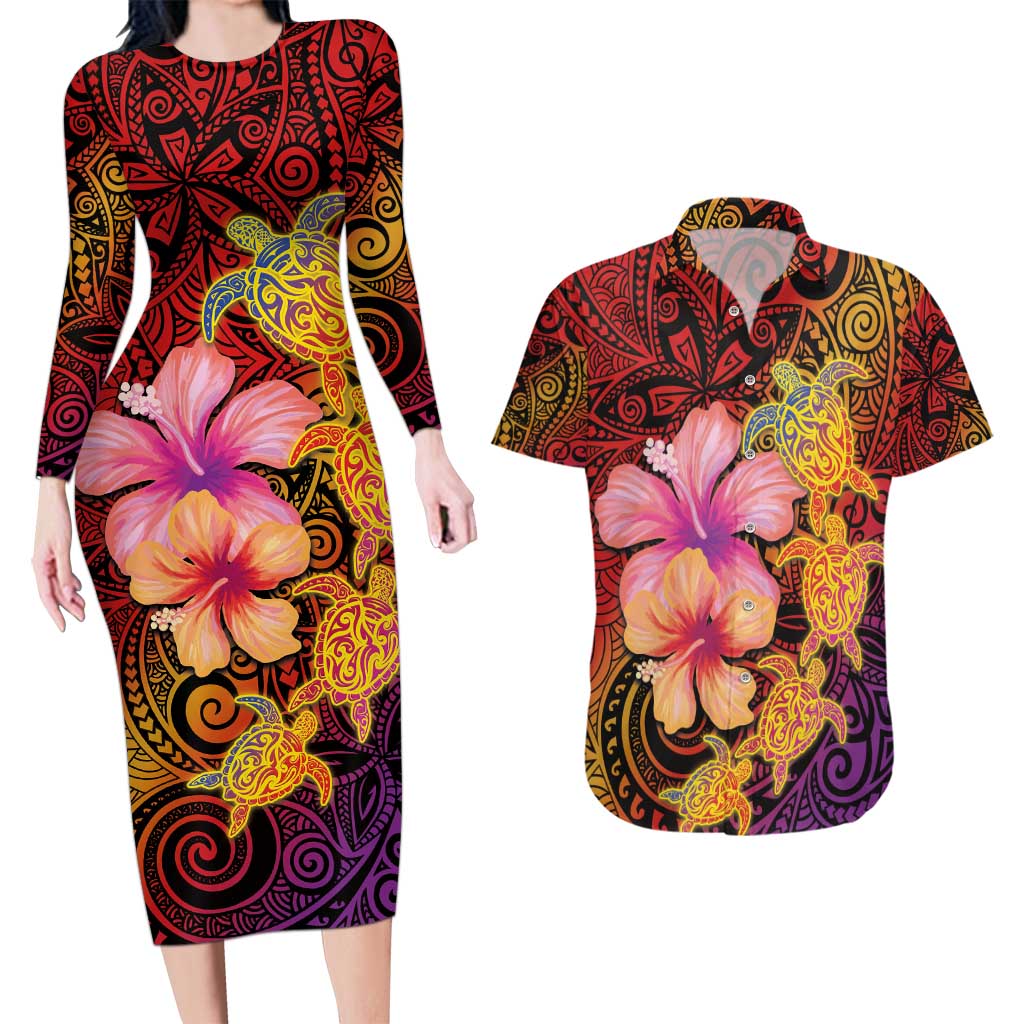 Hawaiian Hibiscus Turtle Tribal Polynesian Pattern Couples Matching Long Sleeve Bodycon Dress and Hawaiian Shirt Colorful Color LT03 Red - Polynesian Pride