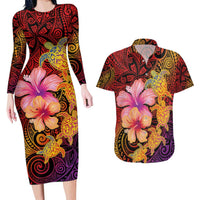 Hawaiian Hibiscus Turtle Tribal Polynesian Pattern Couples Matching Long Sleeve Bodycon Dress and Hawaiian Shirt Colorful Color LT03 Red - Polynesian Pride